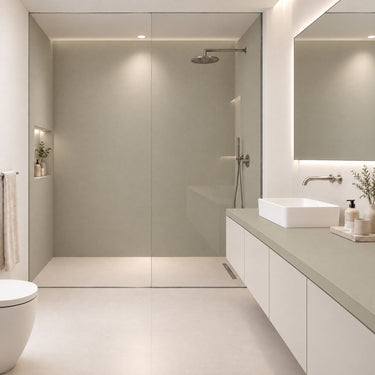 Taupe matte interieurfolie op douchewand en badmeubel